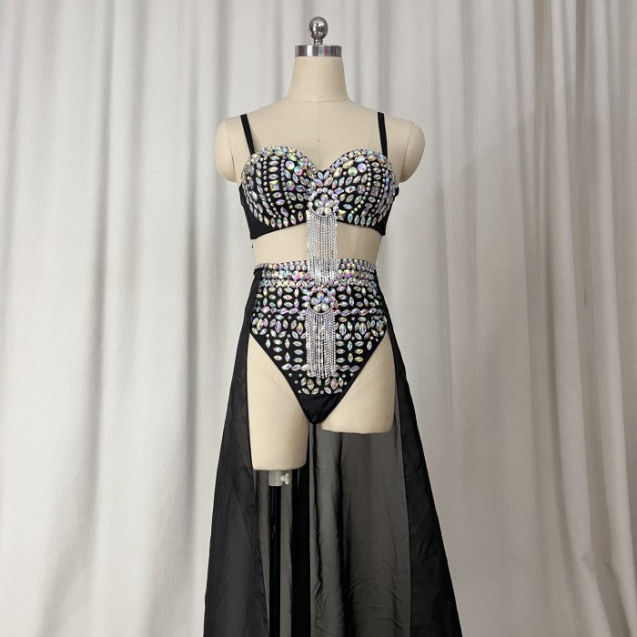 Samba Carnival Performance Set Handmade Rainbow stones Costumes Bra,High Waist Bottom With Skirt