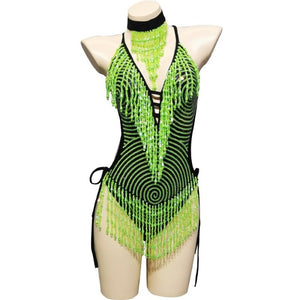 Sexy Tassel Sparkly Beading Sequin Bodysuit Festival Women's Costume EDC Party Nightclub Outfit Stage Performance Dance Clothing BS2101