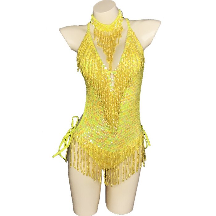 Flashing Yellow Sequins One-Piece Bodysuit Women's Singer Dance Sexy Evening Carnival Costumes Stage Dance Wear Nightclub Outfit BS11