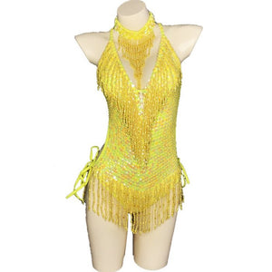 Flashing Yellow Sequins One-Piece Bodysuit Women's Singer Dance Sexy Evening Carnival Costumes Stage Dance Wear Nightclub Outfit BS11