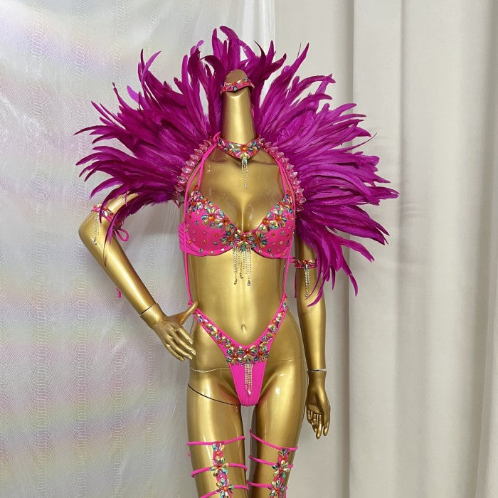New Handmade Samba Carnival  Bra And Panty With Feather Set Stones Decorate For EDC Festival Rave Carnival