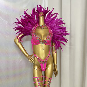 New Handmade Samba Carnival  Bra And Panty With Feather Set Stones Decorate For EDC Festival Rave Carnival