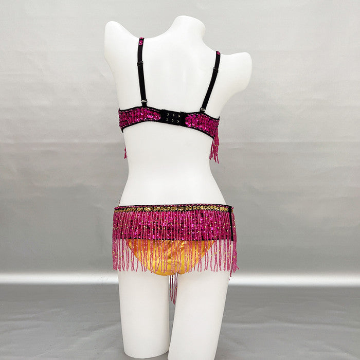 New Stage & Dance Wear Performance Women Sequin Beaded Bra Belt Bellydance Suit 3pc Professional Outfit Belly Dance Costume Set  TF2561
