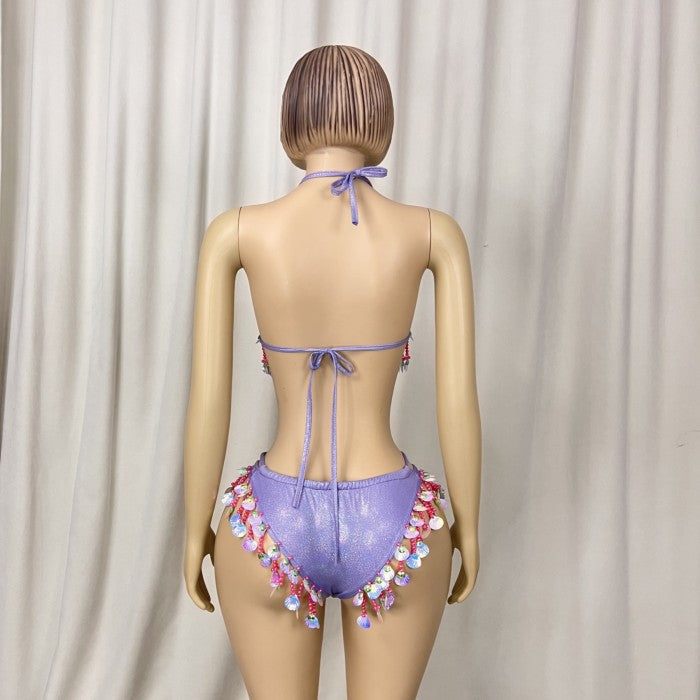 New Style Samba Carnival Purple Color Sequins Fabric Top And Panty With Beads And Tassels For EDC