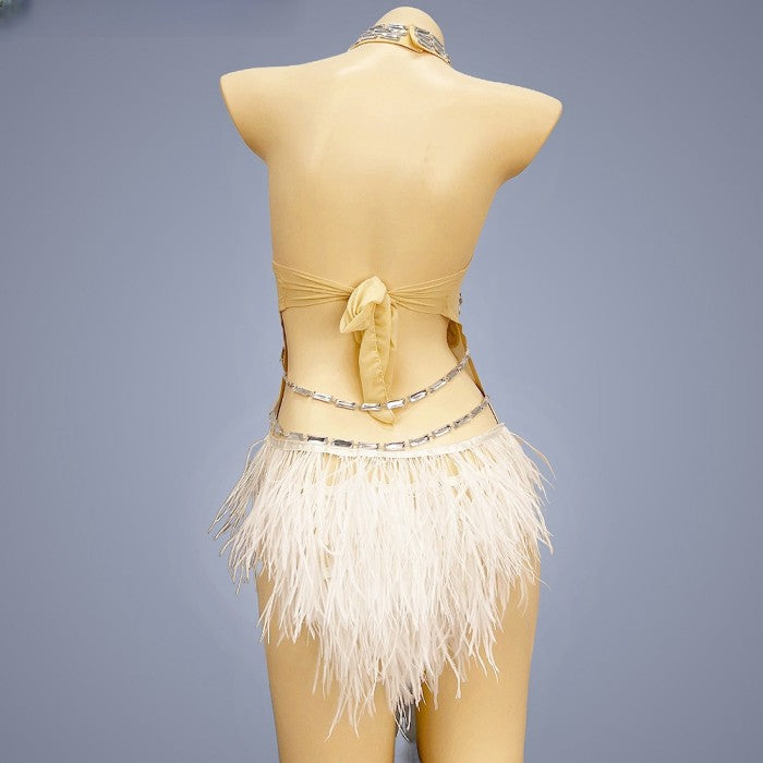 Flashing Sequins One-Piece Bodysuit with feather Women's Singer Dance Sexy Evening Carnival Costumes Stage Dance Wear Nightclub Outfit BS2102