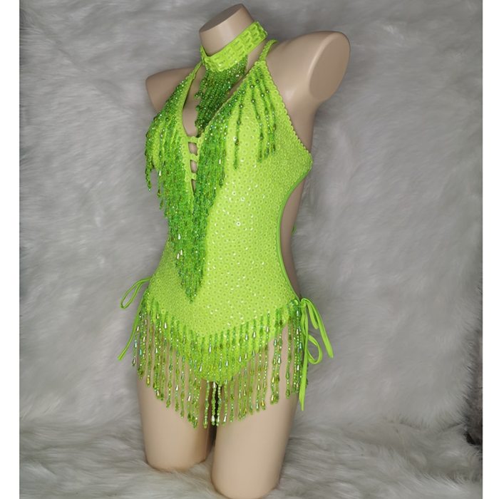 Sparkly Green Tassel Bodysuit Sexy Women Outfit Beads Sequins Carnival Costume Costume Stage Performance One-piece Dance Wear BS11