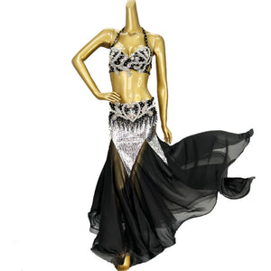 Professional Belly Dance Costumes Women Rhinestone Bra Belt Long Skirt 3pcs Belly Dancing Set Carnival Costume Clothes Outfits TF1909+SK1910 Black