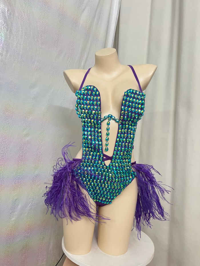 Samba Carnival Handmade Stones Bodysuit With Feather Mini Skirt For EDC Costumes