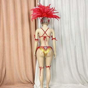 Samba Carnival Belly Wire Bra Belt  and Panty With feather head piece Hand Beads Passista Pageant Cabaret Broadway Theater Mardi Gras,Vegas Showgirls CF1721-2