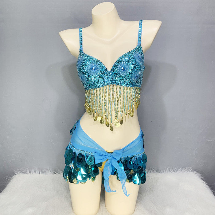 Cute Women Belly Dance Clothes Sequins Belly Dance Costume Set Bra Hip Scarf Wrap Panty Carnival Rave Performance Stage Costume N21013