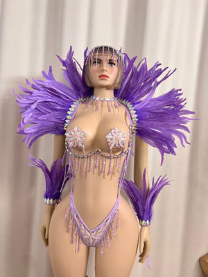 Top Quality Handmade Samba Rio Carnival Wire Bra+Panty+feather shawl With Stone Sexy Belly Dancing Costume