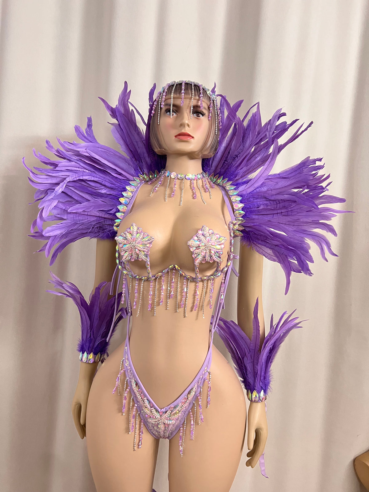 Top Quality Handmade Samba Rio Carnival Wire Bra+Panty+feather shawl With Stone Sexy Belly Dancing Costume