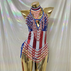 Sexy Women Beads Bodysuit Sequins Swimsuit Rave Dancer One-piece Outfit Flag Of United States And United Kingdom Costumes