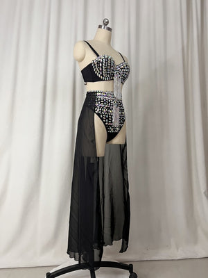 Samba Carnival Performance Set Handmade Rainbow stones Costumes Bra,High Waist Bottom With Skirt
