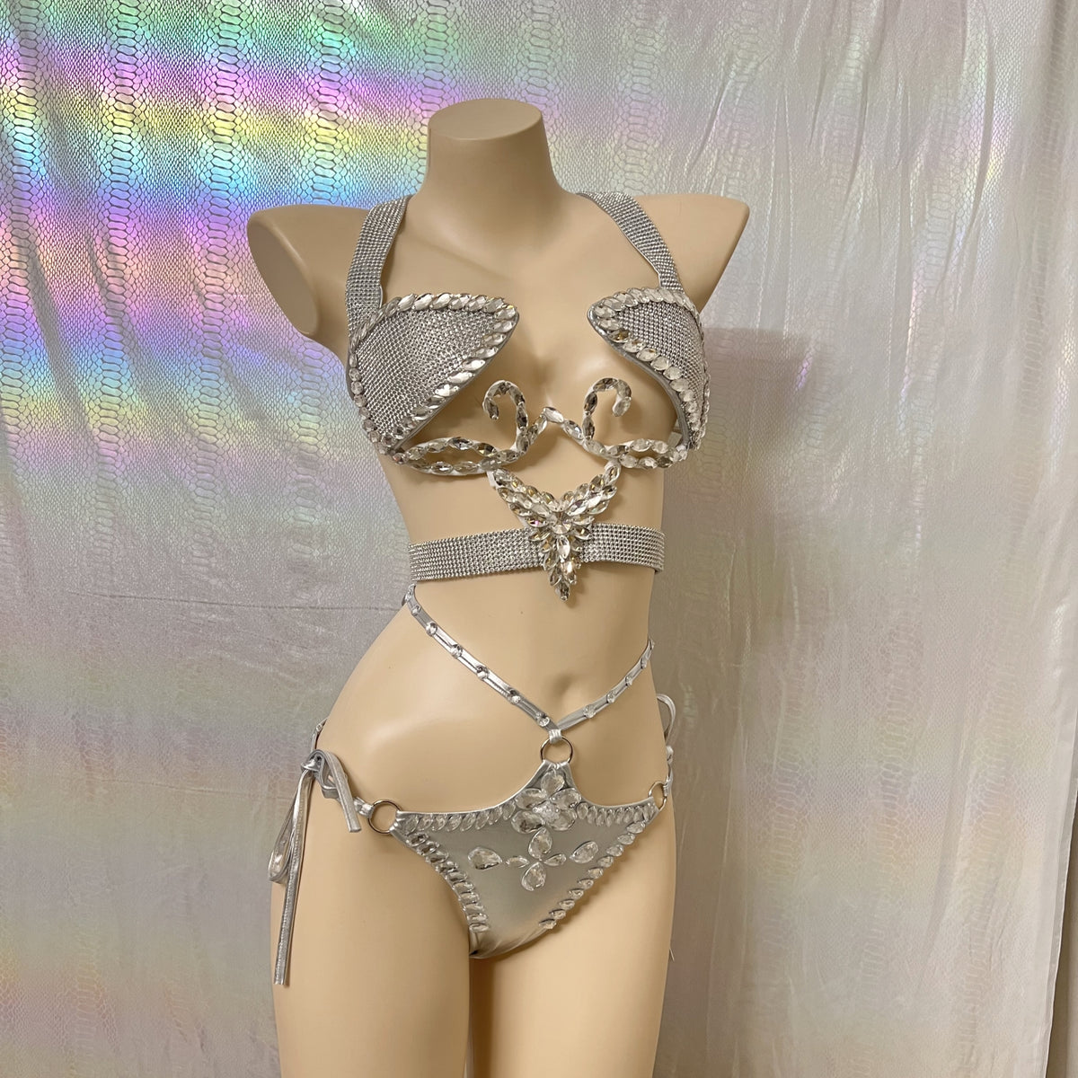 Samba Carnival Handmade Wire Bra And Bottom With Stones Silver Color For EDC Festival