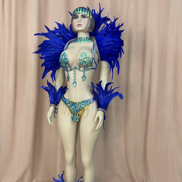 Top Quality Handmade Samba Rio Carnival Wire Bra+Belt+feather shawl With Stone Sexy Belly Dancing Costume