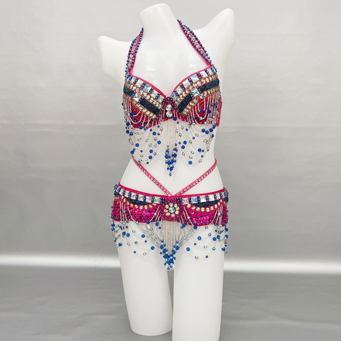 New Sexy Beaded Belly Dance Costume Women Tops Bra Chain Belt 2pc Set Night Dance Wear Tassel Belly Dancing Outfit Carnival Costume  N21024