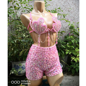 Samba Carnival Bra High Waist Pants Pink Color Stone Hand Made 2 Piece Set dance party wear BP008