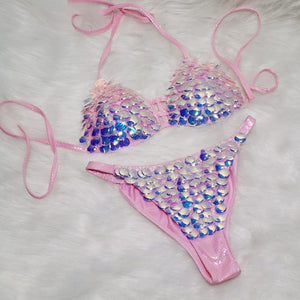New Sexy Beading Sequined Summer Swimsuit Women 2 Pieces Bikini Shiny Swimsuit Set Monokini Swimwear Beachwear Bathing Suit