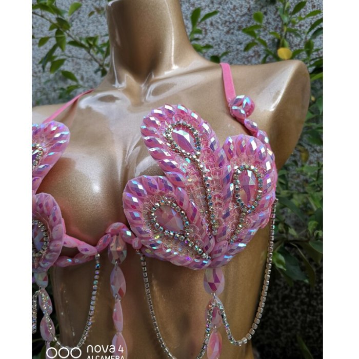 Samba Carnival Bra High Waist Pants Pink Color Stone Hand Made 2 Piece Set dance party wear BP008