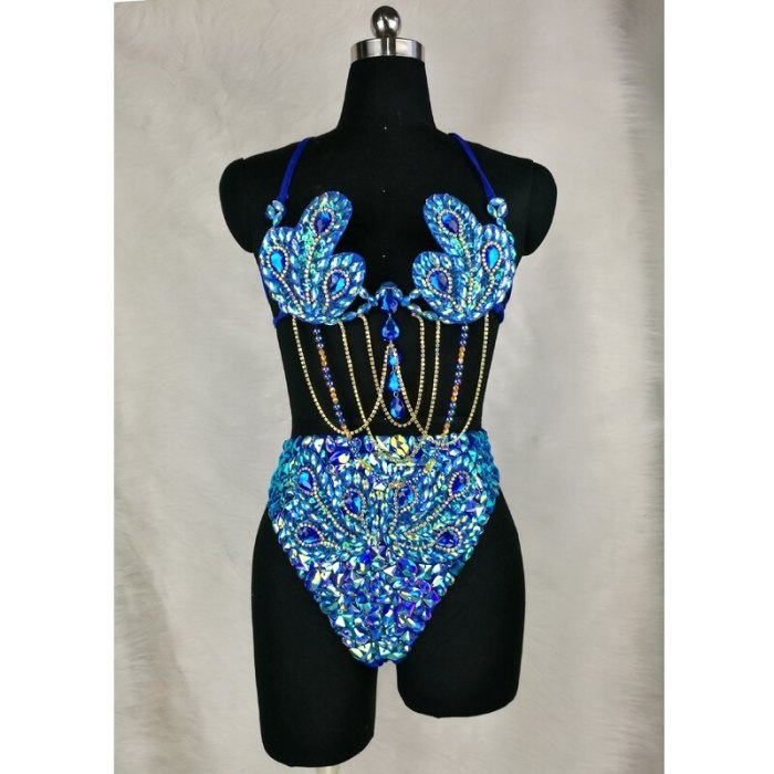 Samba Carnival Wire Bra & High Waist Bottom 2pcs/Set Stones CB010-2 RED AND ROYAL BLUE COLOR