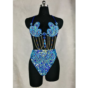 Samba Carnival Wire Bra & High Waist Bottom 2pcs/Set Stones CB010-2 RED AND ROYAL BLUE COLOR