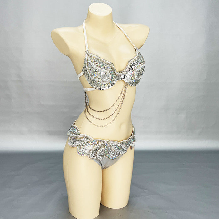 New Arrival Halloween Costume Adult Carnival Belly Dance Costumes Women Beaded Bra Belt Set Dance Clothes Night Club Dancewear  N21018