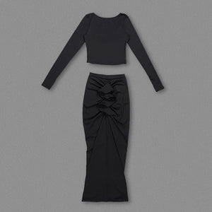 Black Long Sleeve Backless Crop Top with Pleated Maxi Skirt Set