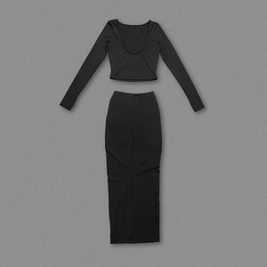 Black Long Sleeve Backless Crop Top with Pleated Maxi Skirt Set