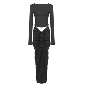 Black Long Sleeve Backless Crop Top with Pleated Maxi Skirt Set