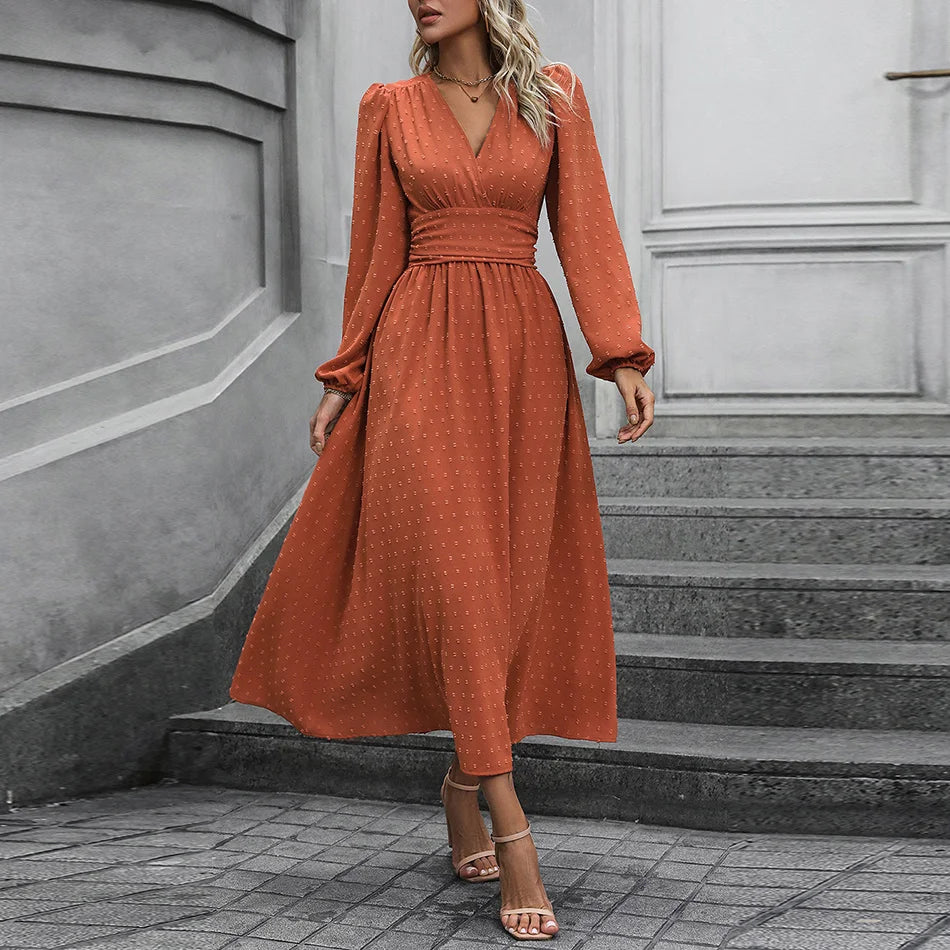 Elegant Rust-Orange V-Neck Bubble Sleeve Dress with Dotted Detail