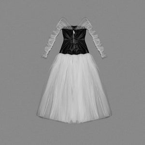 Off-the-Shoulder Long Sleeve Dress with Leather Corset and Gauze Skirt