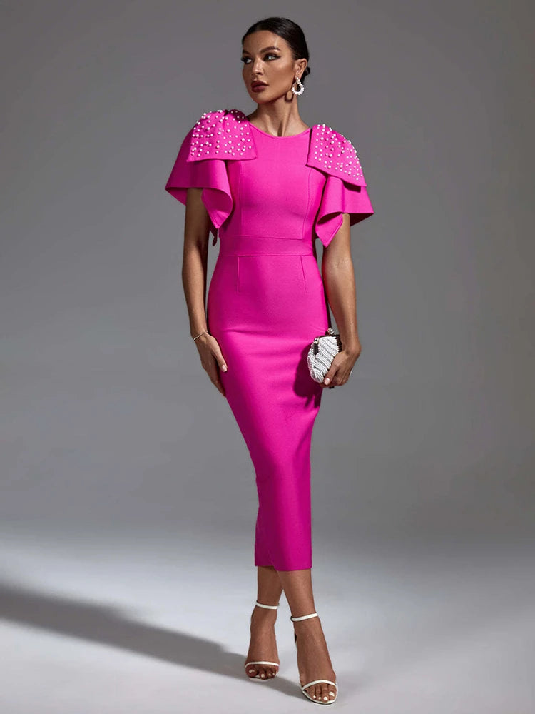 Women's Pink Beaded Short Sleeve Bow Tie Midi Bandage Dress for Celebrity Parties