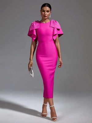 Women's Pink Beaded Short Sleeve Bow Tie Midi Bandage Dress for Celebrity Parties