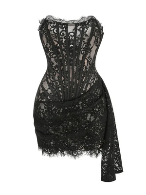 Women's Black Lace Mini Dress with Strapless Neckline and Bodycon Fit for Evening Party