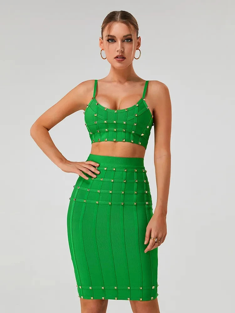 Women's Summer Green Riveted Bandage Crop Top and Skirt Set