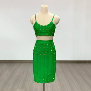 Women's Summer Green Riveted Bandage Crop Top and Skirt Set