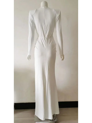 Women's Elegant White Long-Sleeve V-Neck Dress with Pleated Detail and High Slit for Evening Events