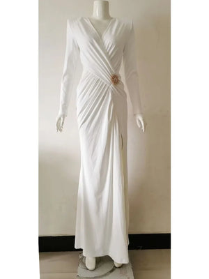 Women's Elegant White Long-Sleeve V-Neck Dress with Pleated Detail and High Slit for Evening Events