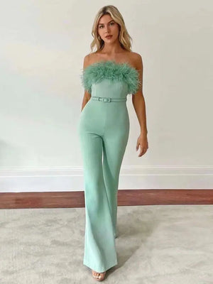 Black Strapless Feather-Trimmed Jumpsuit with Open Back and Wide Leg Design for Women