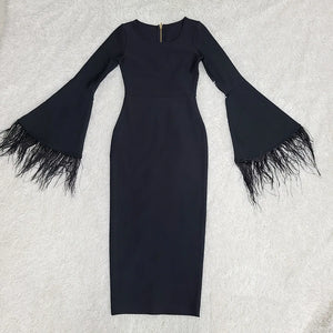 Women's Black Bodycon Dress with Feathered Flare Sleeves for Evening Party and Club Events