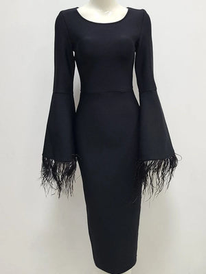 Women's Black Bodycon Dress with Feathered Flare Sleeves for Evening Party and Club Events