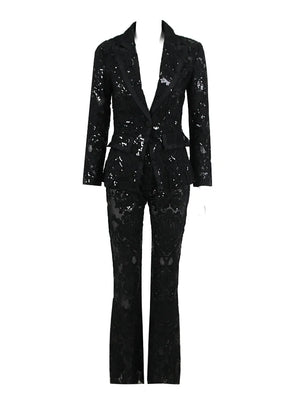 Women's Elegant Black Lace Two-Piece Set with Long Sleeve Jacket and Flared Pants