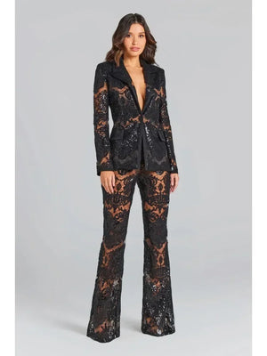 Women's Elegant Black Lace Two-Piece Set with Long Sleeve Jacket and Flared Pants