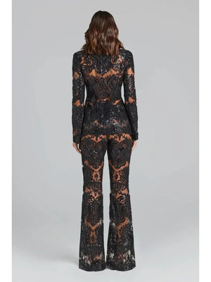 Women's Elegant Black Lace Two-Piece Set with Long Sleeve Jacket and Flared Pants