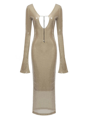 Women's Long Sleeve Sequin Midi Dress with Plunging Neckline and Sheer Detail