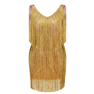 Tassel Gold Fringe Summer V Neck Sleeveless Luxury Mini Dress for Women Celebrity Party Dresses