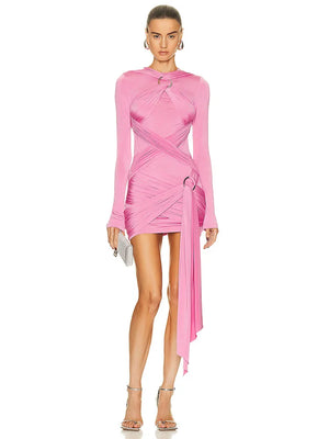 Women's Pink Long Sleeve Mini Dress with Draped O-Neck and Crossed Rings Design for Evening Party