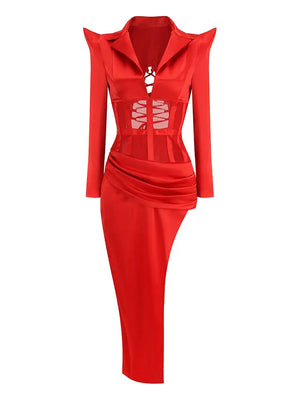 Women's Red Long-Sleeve V-Neck Dress with High Slit and Sheer Panel Details