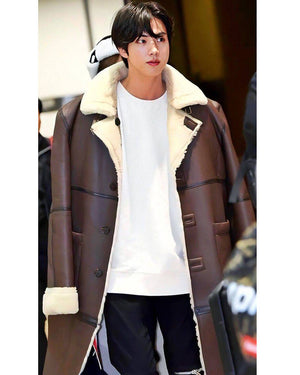 BTS Jin Shearling Brown Leather Coat Gimpo Airport Fashion Outfit